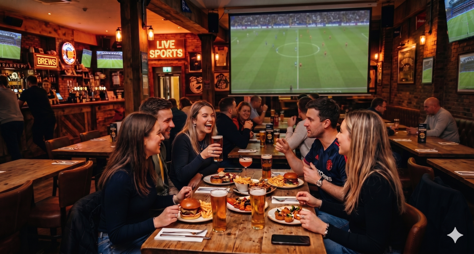 Friends at a pub watching the match together